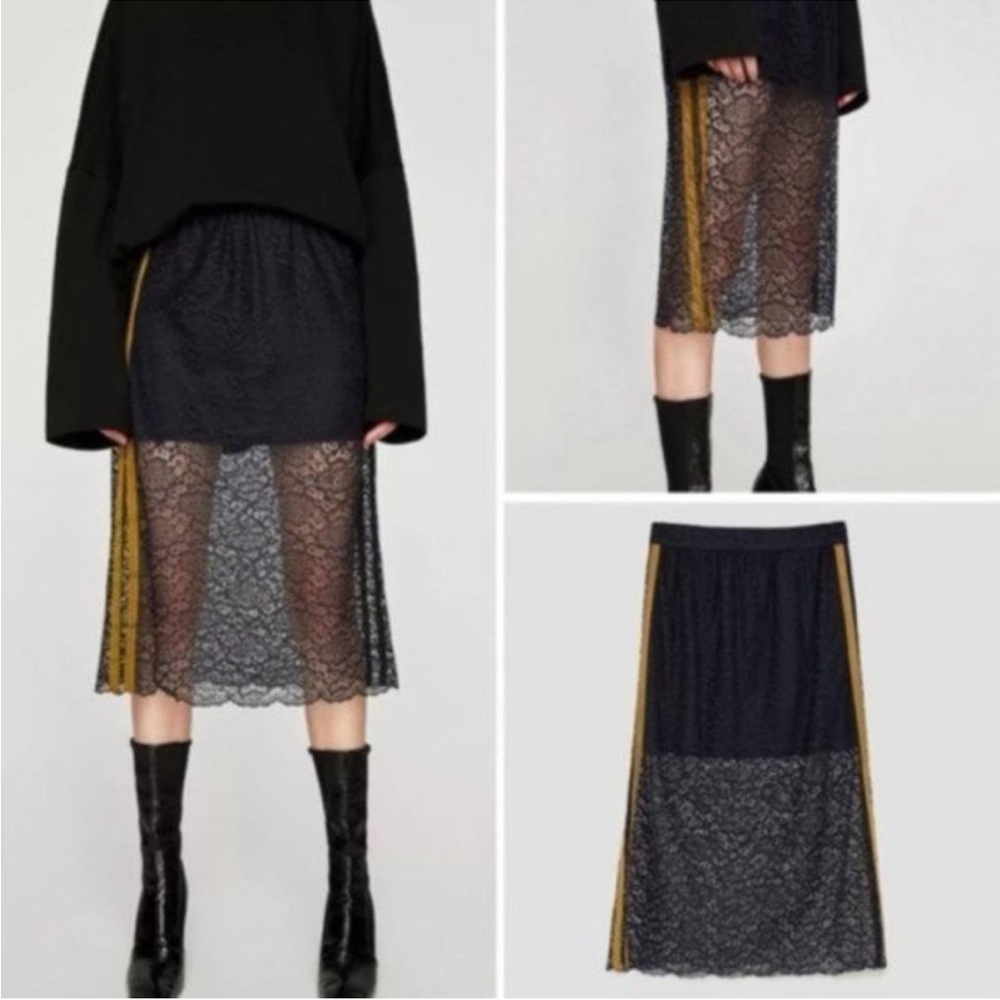 ZARA TRAFALUC Lace Striped Midi Skirt Navy Mustard